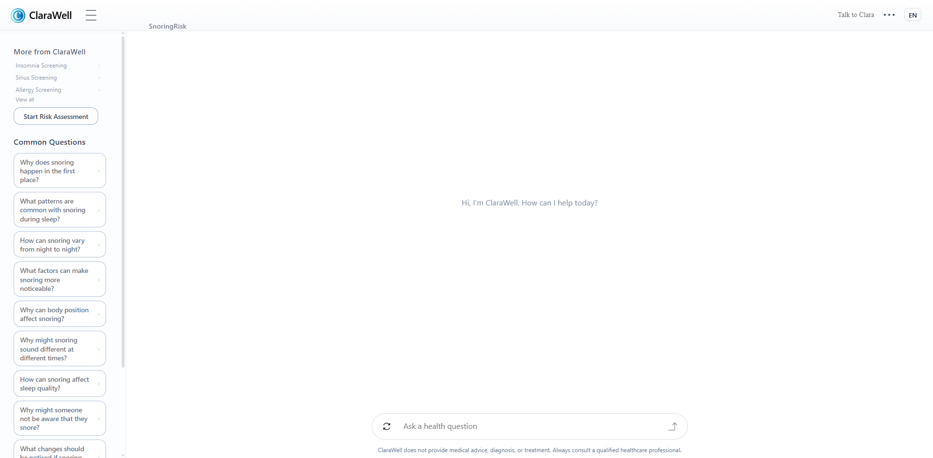 Desktop view of the original SnoringRisk public entry point.